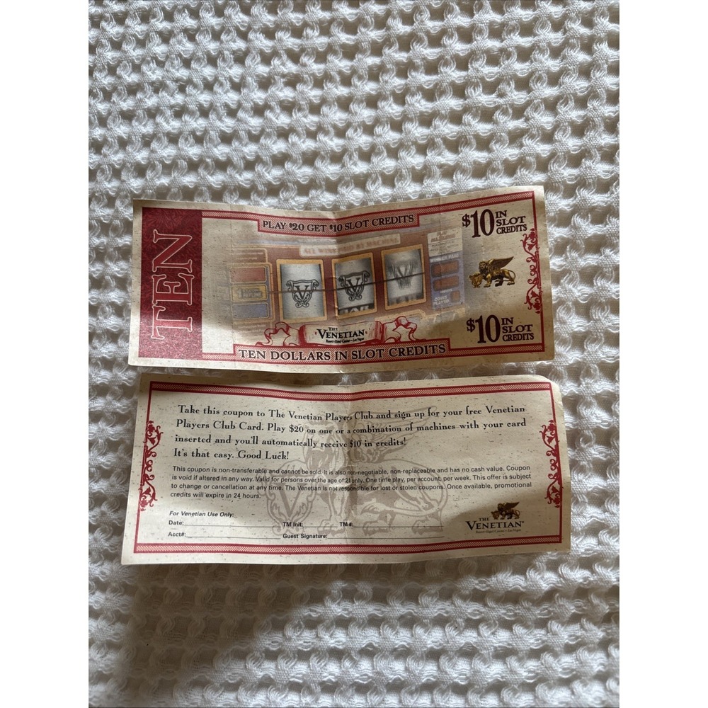 Venetian Las Vegas Players Club Free Play Coupon Vintage